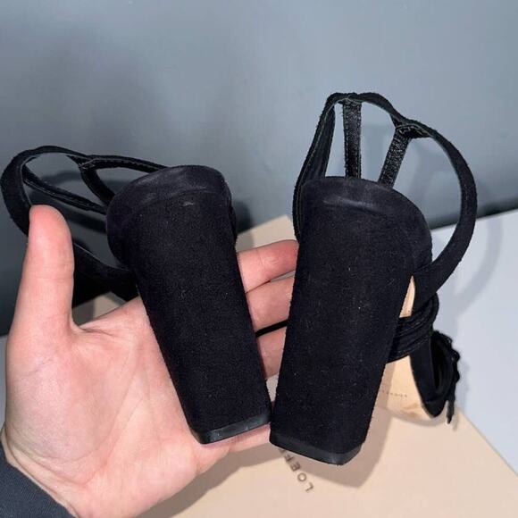 Loeffler Randall Metallic Ruffle Suede Lace Up Block Heels Black Size 8 - Picture 3 of 7